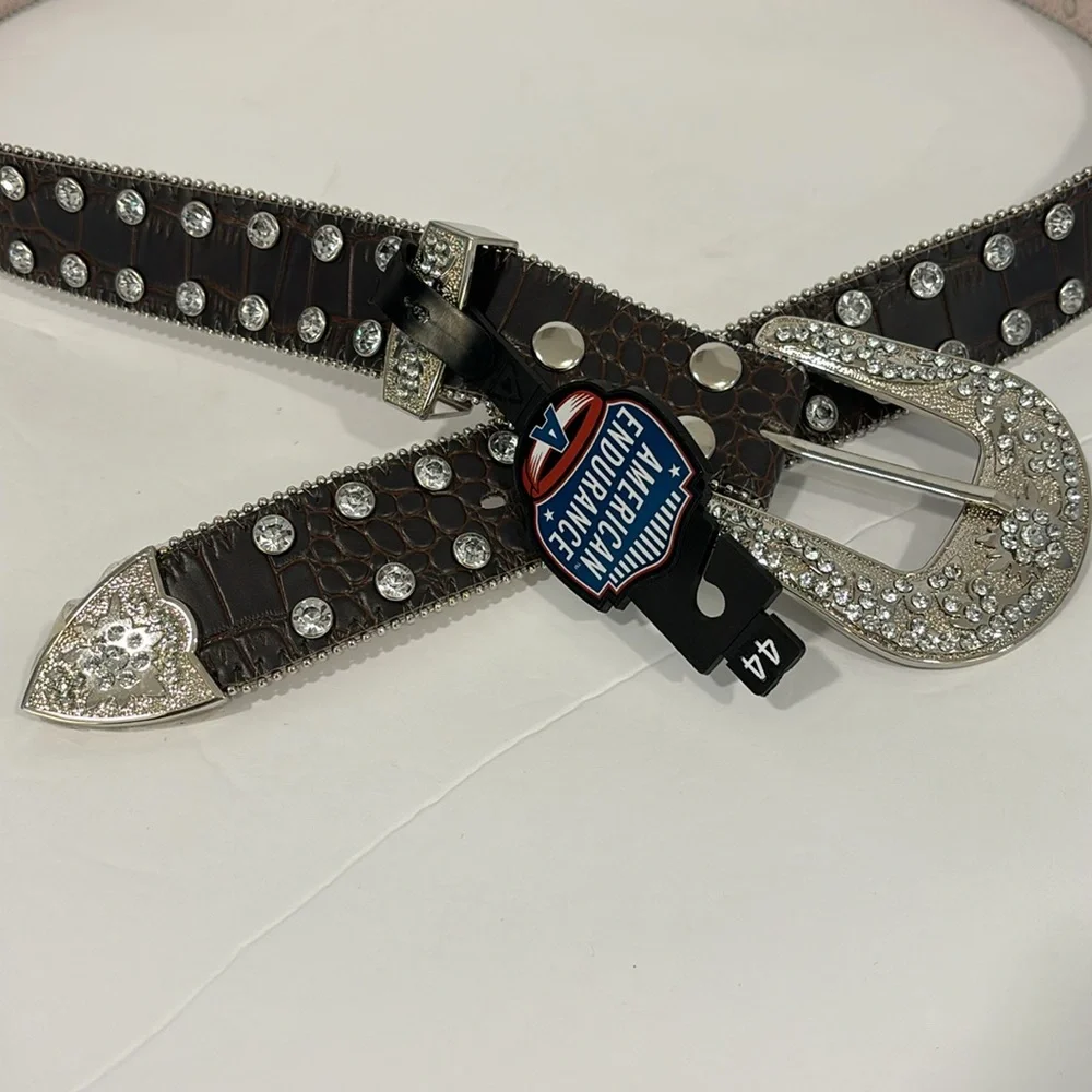 American Endurance Brown Leather XXL Belt with Rhinestones & Silver NWT